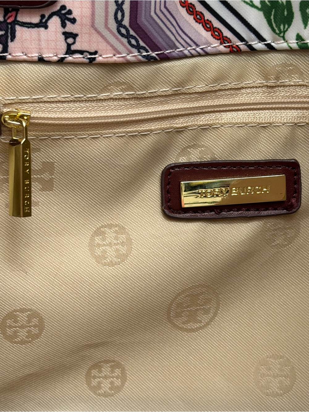 Tory Burch Large Ella Tote Geometric Floral Scarf Print Burgundy Leather Logo - Picture 6 of 15